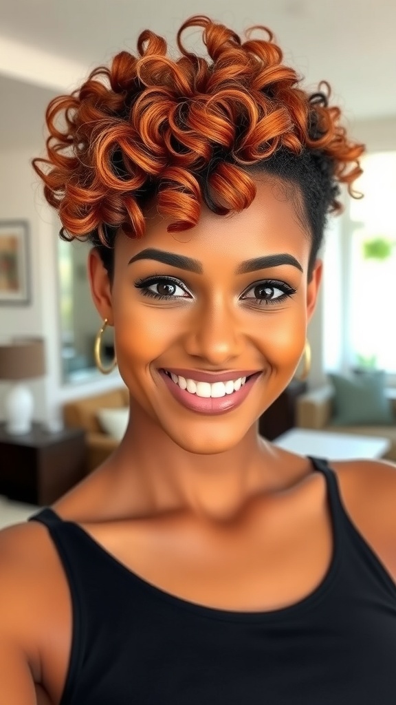 A woman with short curly hair, smiling, in a bright room.
